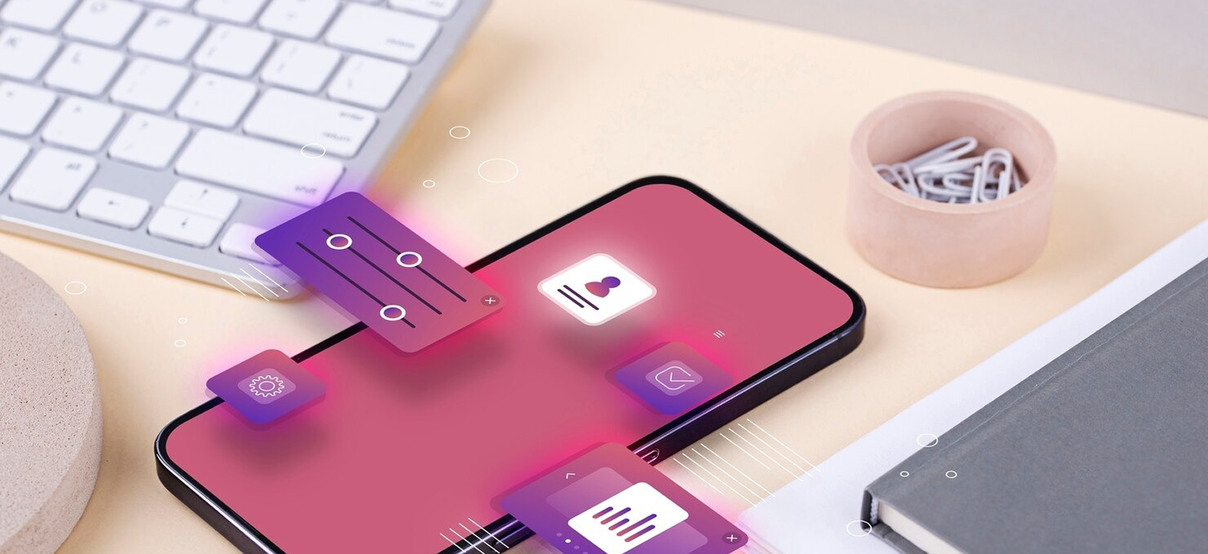 Mobile-first design illustration showing smartphone with responsive website layout, touch-friendly buttons, and mobile optimization metrics